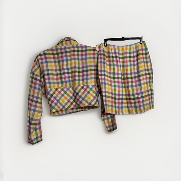 Emanuel Ungaro Vtg Colorful Plaid Blazer & Mini Skirt Set Sz 8/6 Missing Button - Picture 2 of 6